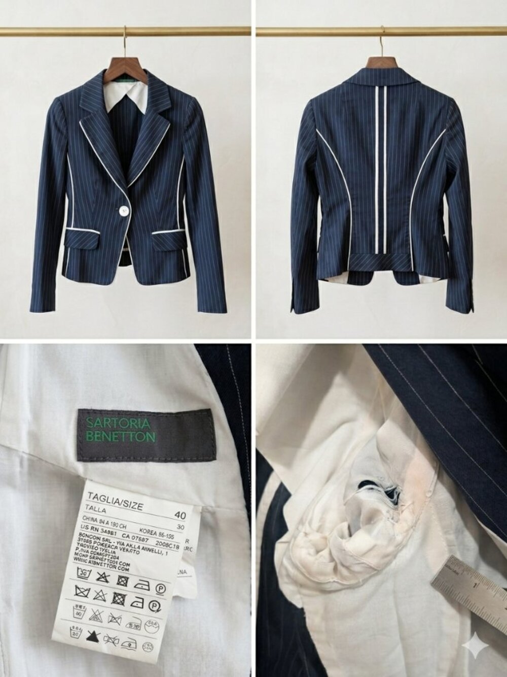 Sartoria Benetton Fitted Navy Pinstripe Blazer